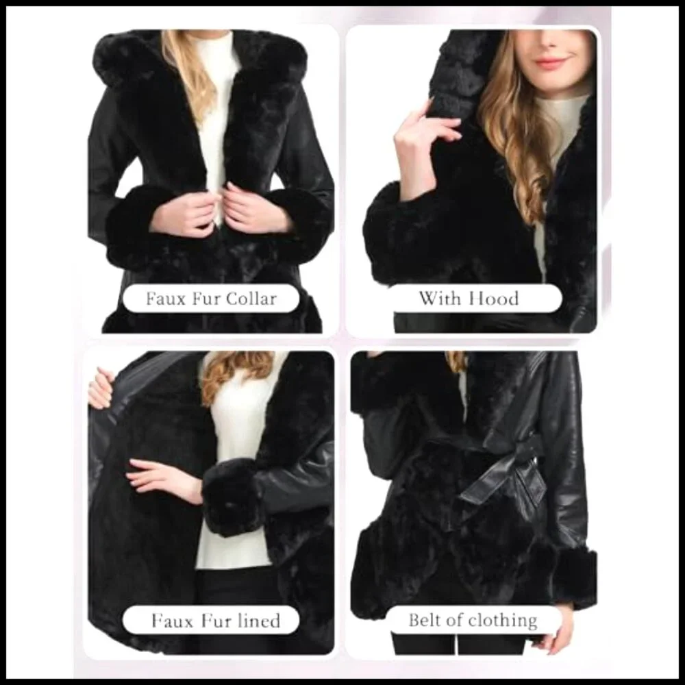 Faux Leather Coat with Faux Fur Collar Slim Fit Belted Mid Length Hooded Jacket - Picture 4 of 6